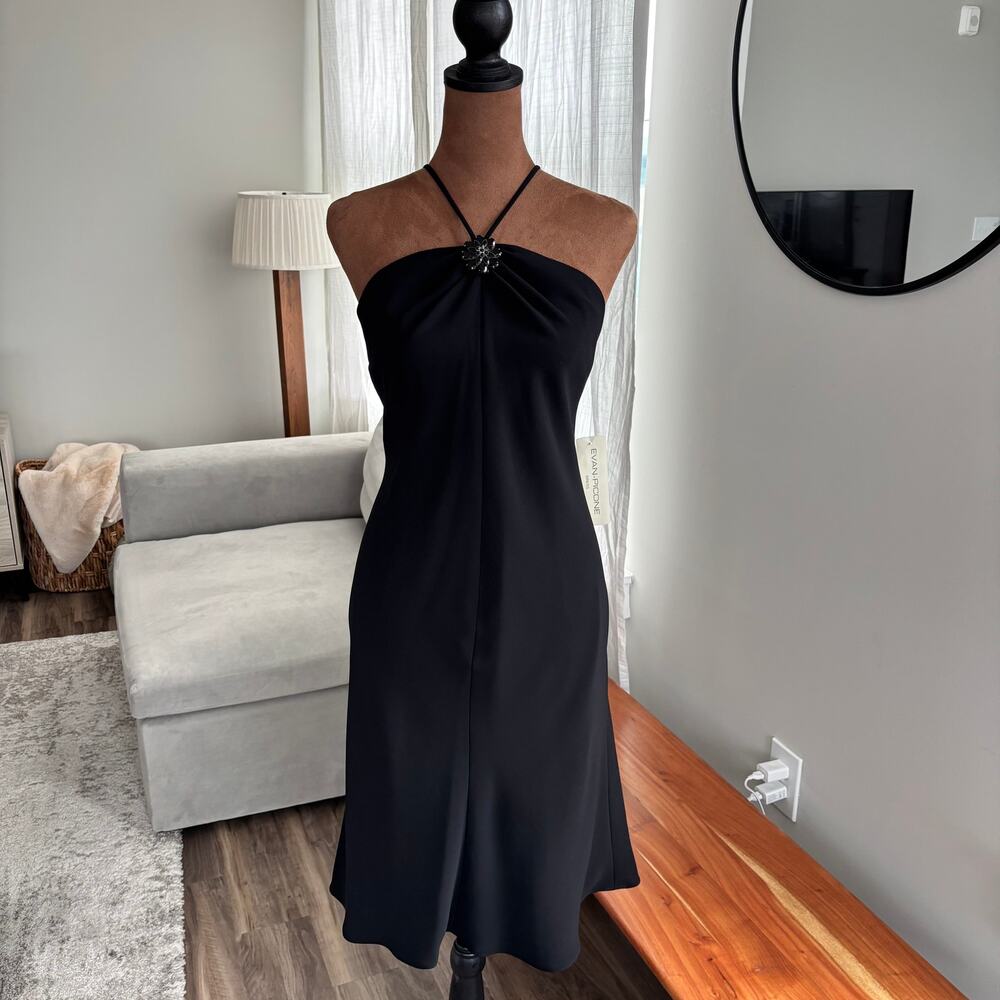 90s Vintage Evan Picone NWT Black Jeweled Halter Midi Dress Y2K Cocktail Size 12